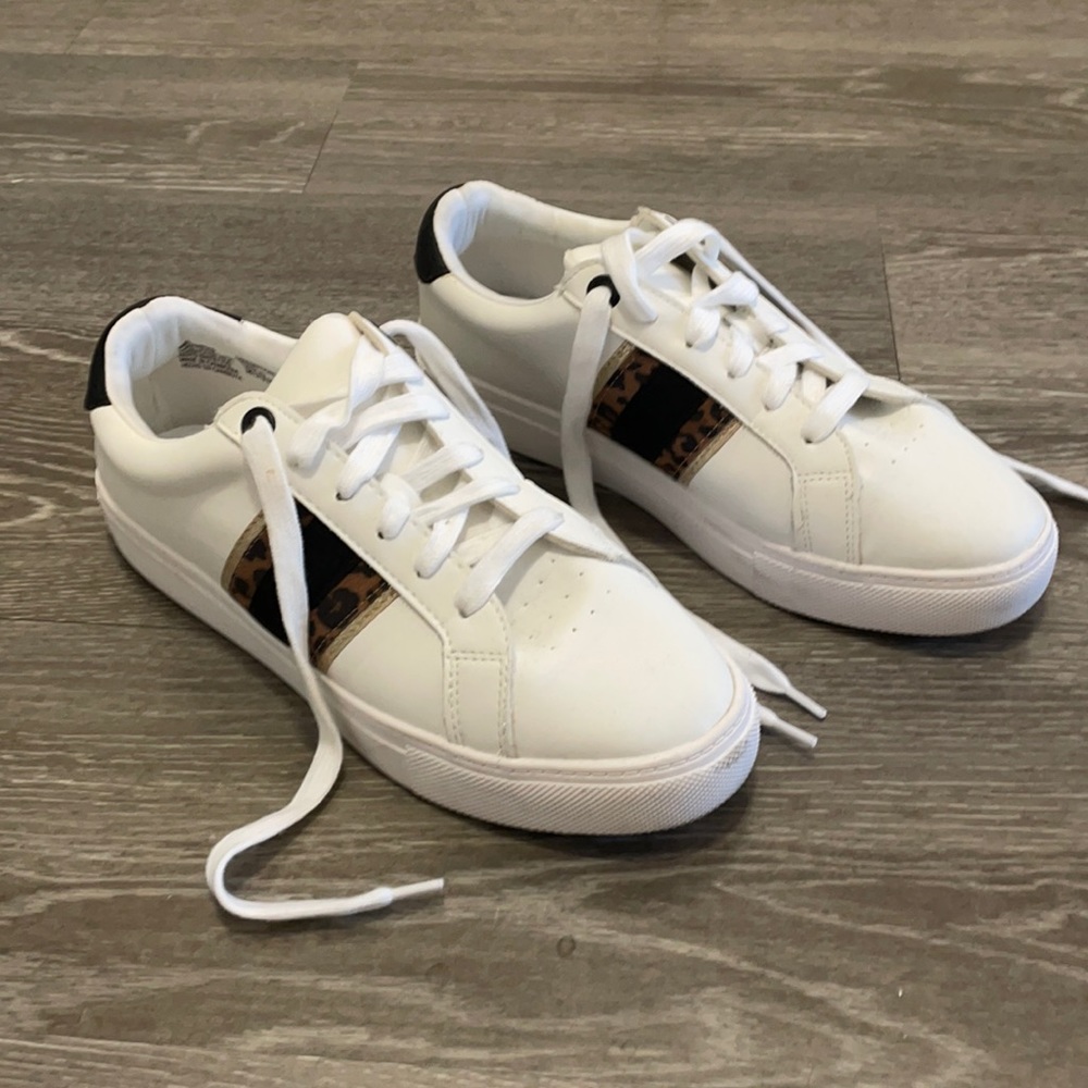 White Sneakers with Leopard, Black & Gold Sides